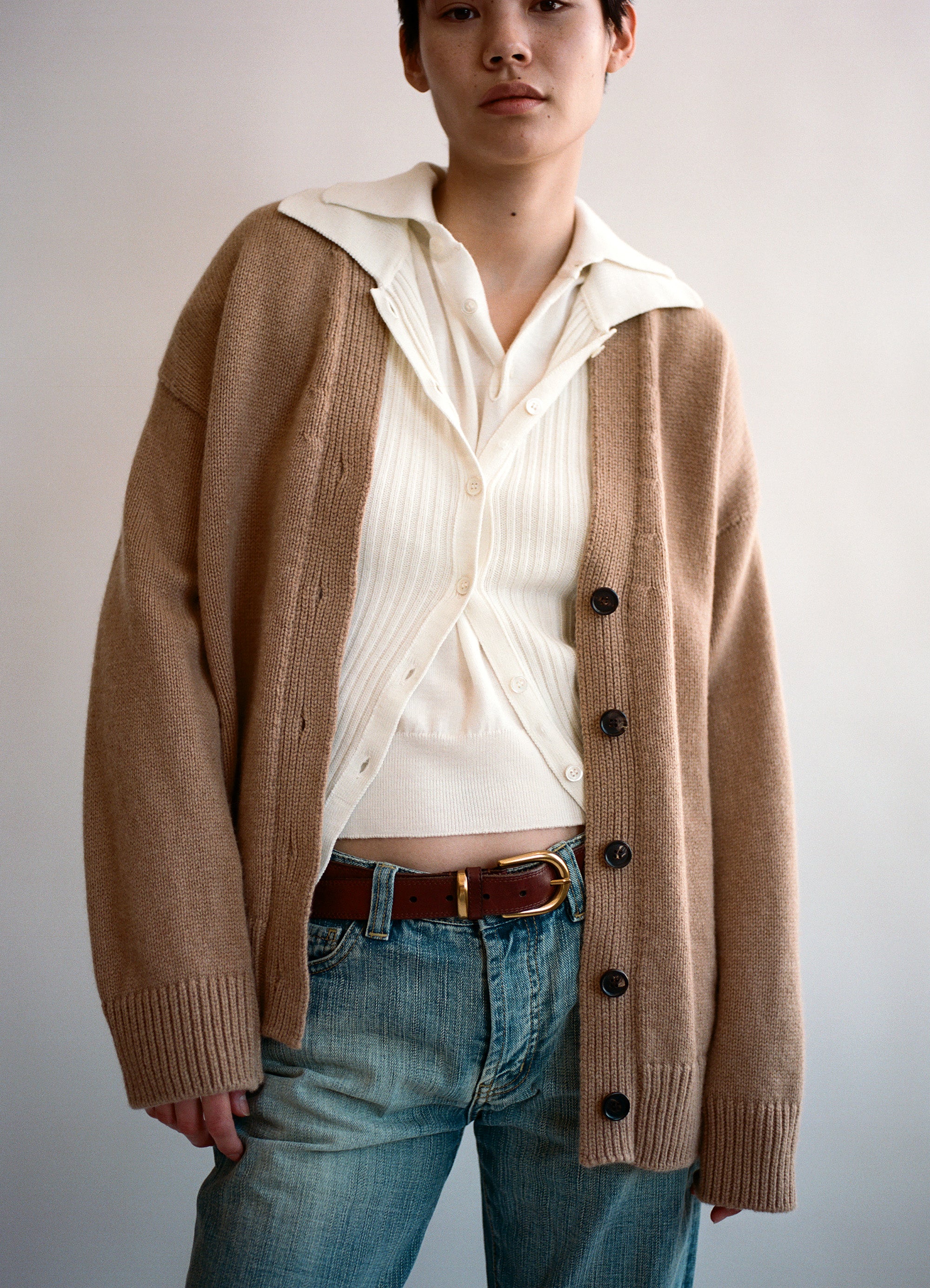 Camel v outlet neck cardigan